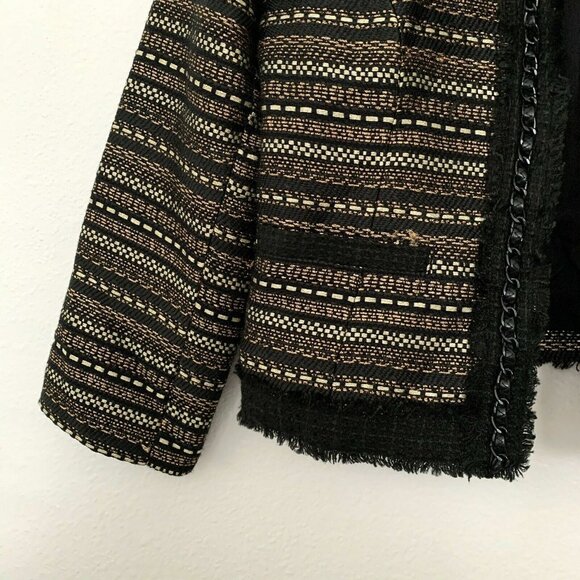 Chicos Jacket Black Gold Metallic Royal Tweed Open Front Chain - Picture 5 of 9